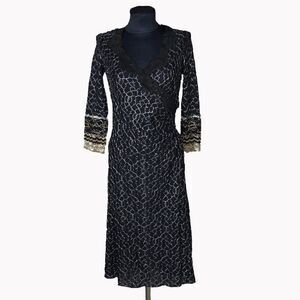 Vintage Betsey Johnson Embroidered Black Wrap Midi Dress Sz M